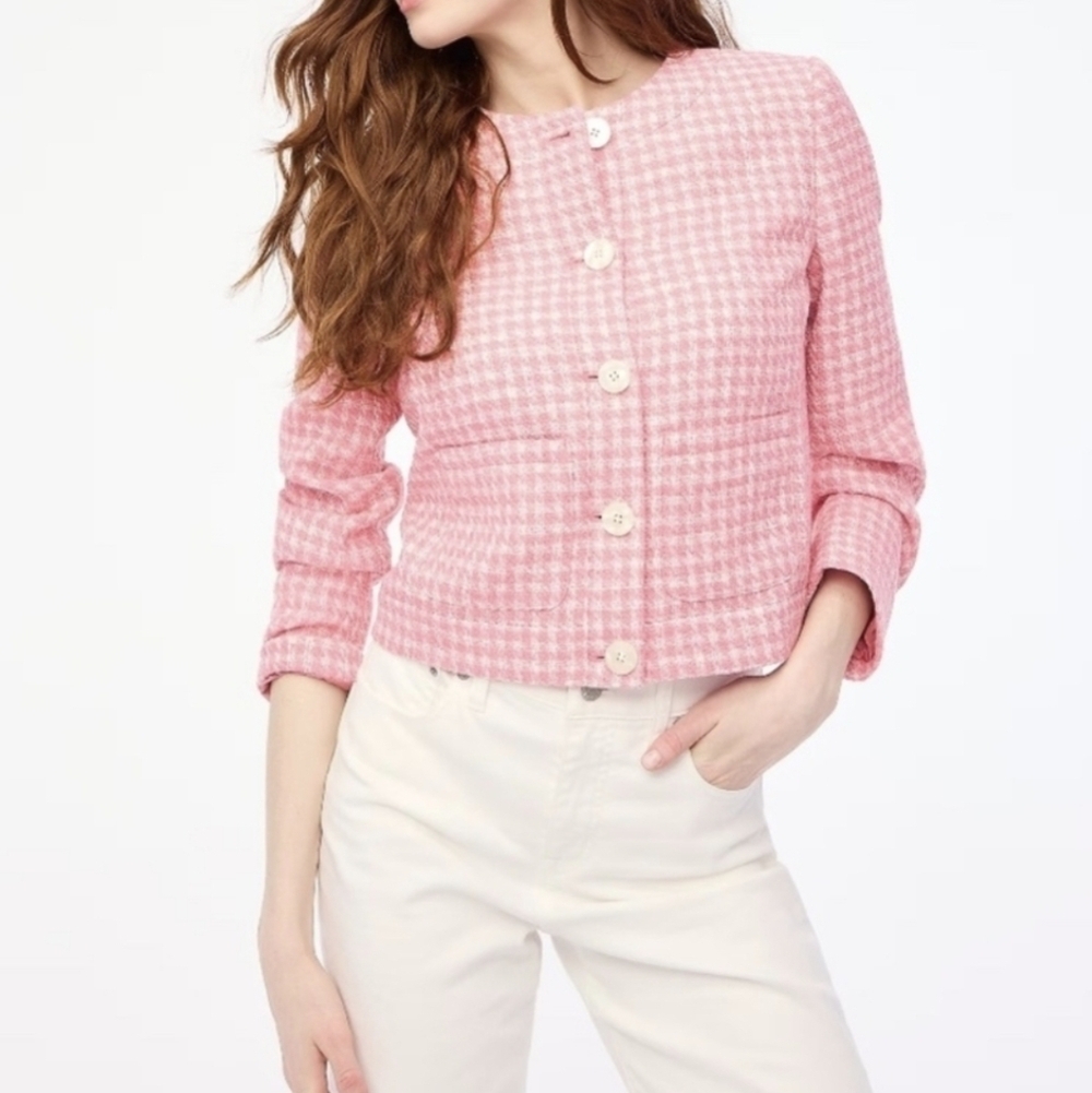 J. Crew Factory Pink Houndstooth Cropped Blazer